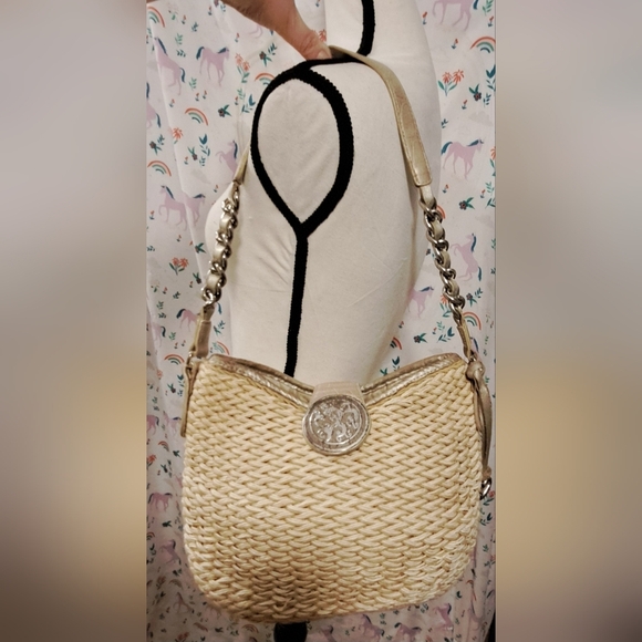 Vintage 90s Brighton Tan Jute Neutral Boho Casual Handbag Satchel Purse Bag - Picture 2 of 16